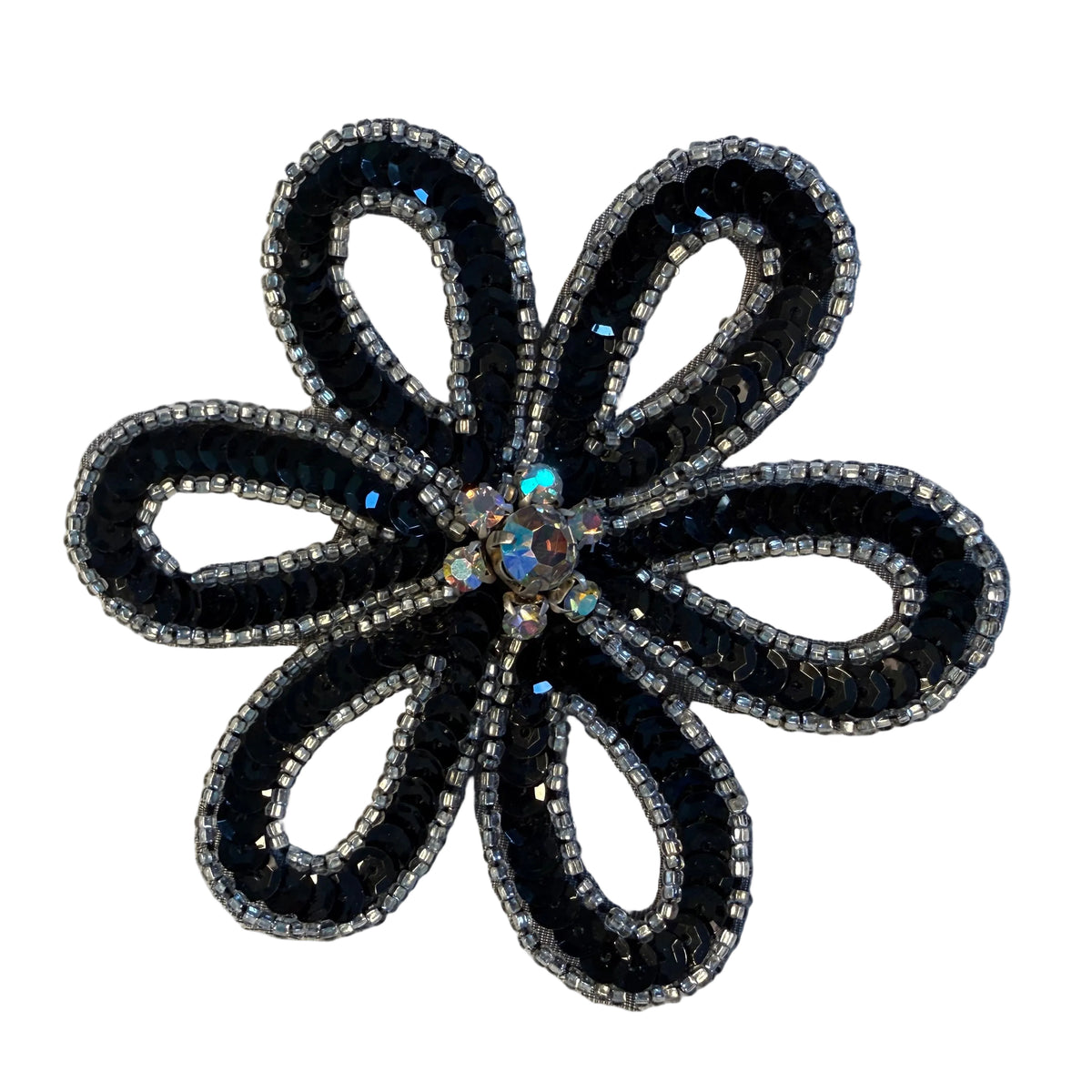Black Sequin Flower Appliqué with AB Rhinestones – 4" x 3.5"