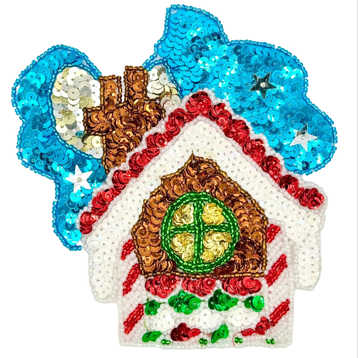 Decorative patch with sequins and beads on a plain background