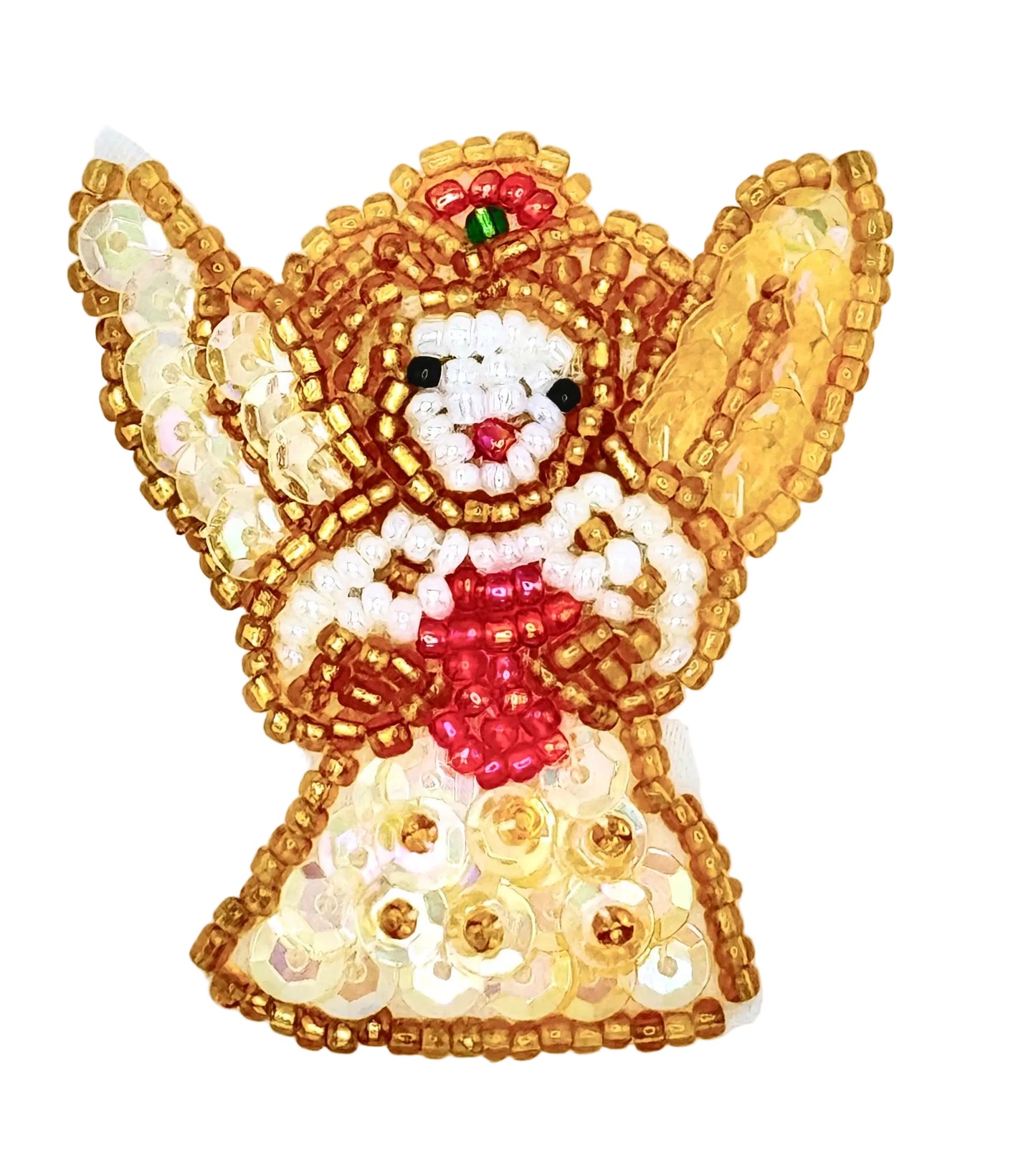 A golden Christmas angel applique with iridescent sequins and beads, featuring wings spread.