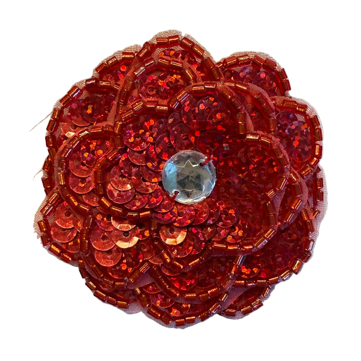 Red Laser Sequin Flower with 4 Petal Layers & Large Rhinestone, 2 or 3 in