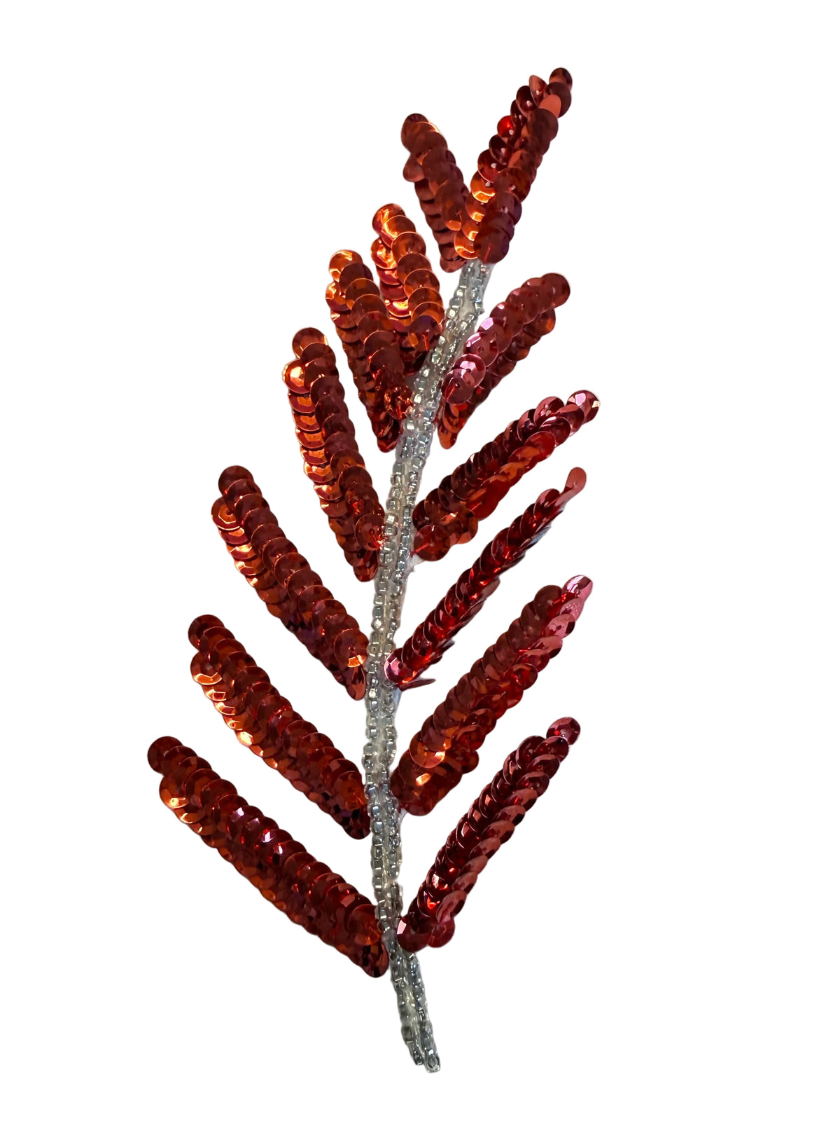 Red Sequin Leaf Appliqué with Silver Glass Beads, Pair or Single, 6 x 3 in