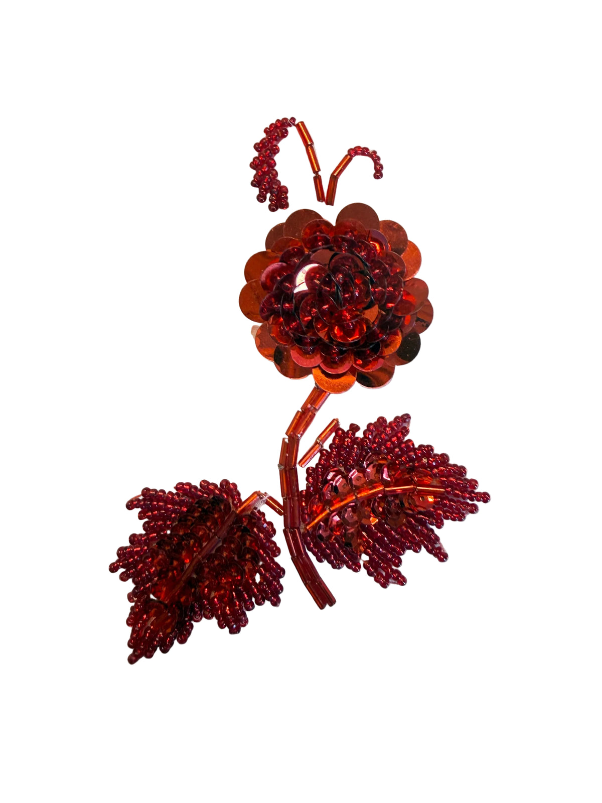 Red Sequin Flower Appliqué with Bugle & Glass Beads – 4.25" x 3.5"