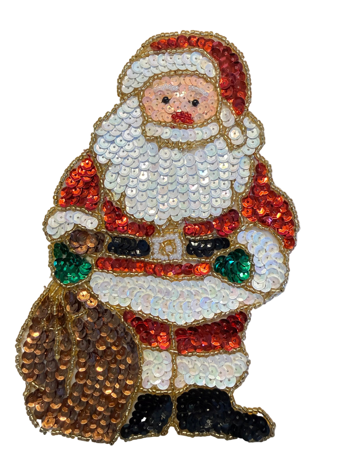 Santa with Toy Sack Christmas Appliqué - Multicolored Sequins & Glass Beads - 6.75" x 4.5"