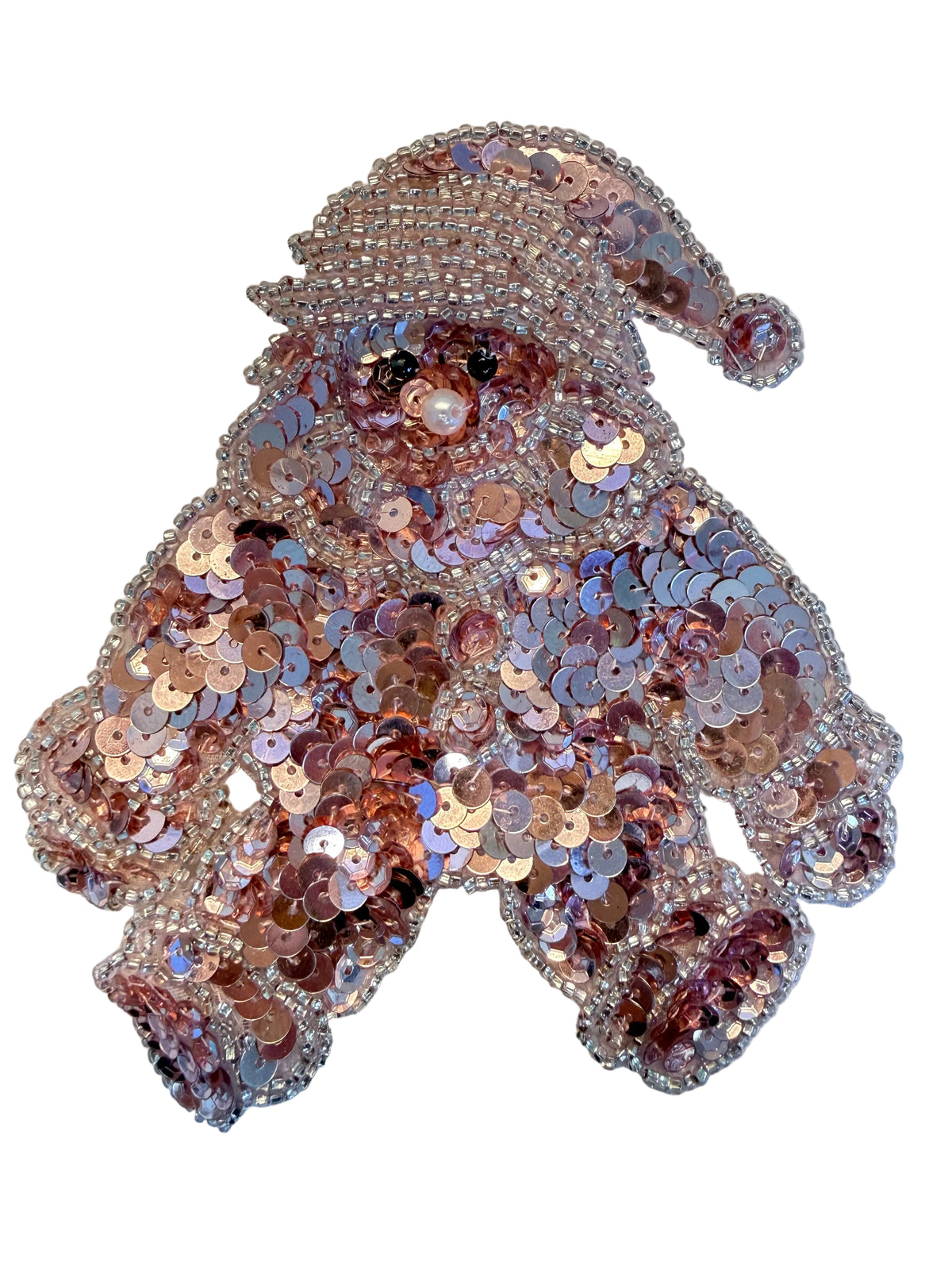 Pink Sequin Christmas Bear Appliqué with Glass and Pearl Beads, 5.25" x 4.5"