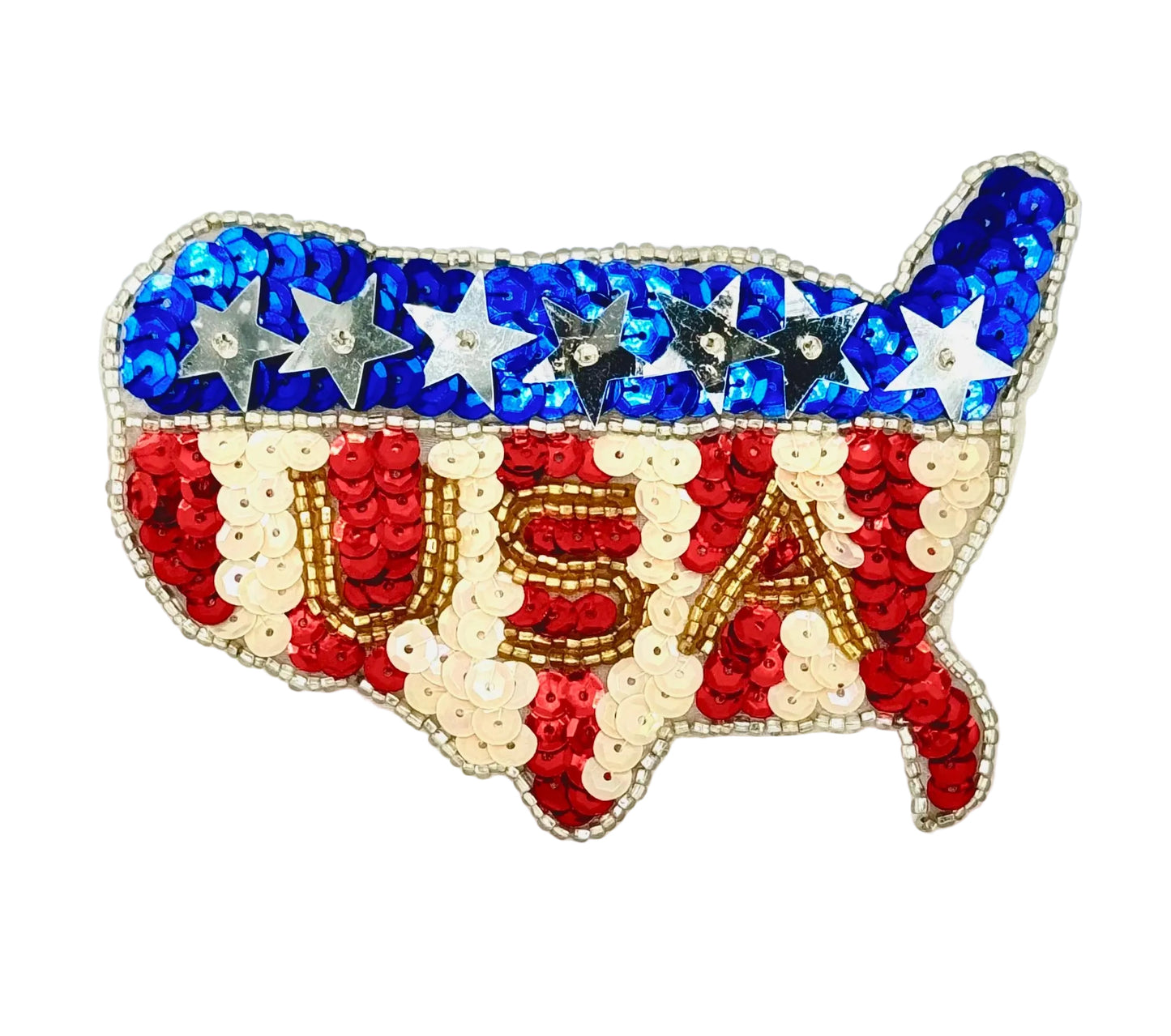 Sequined USA map with American flag design on a white background