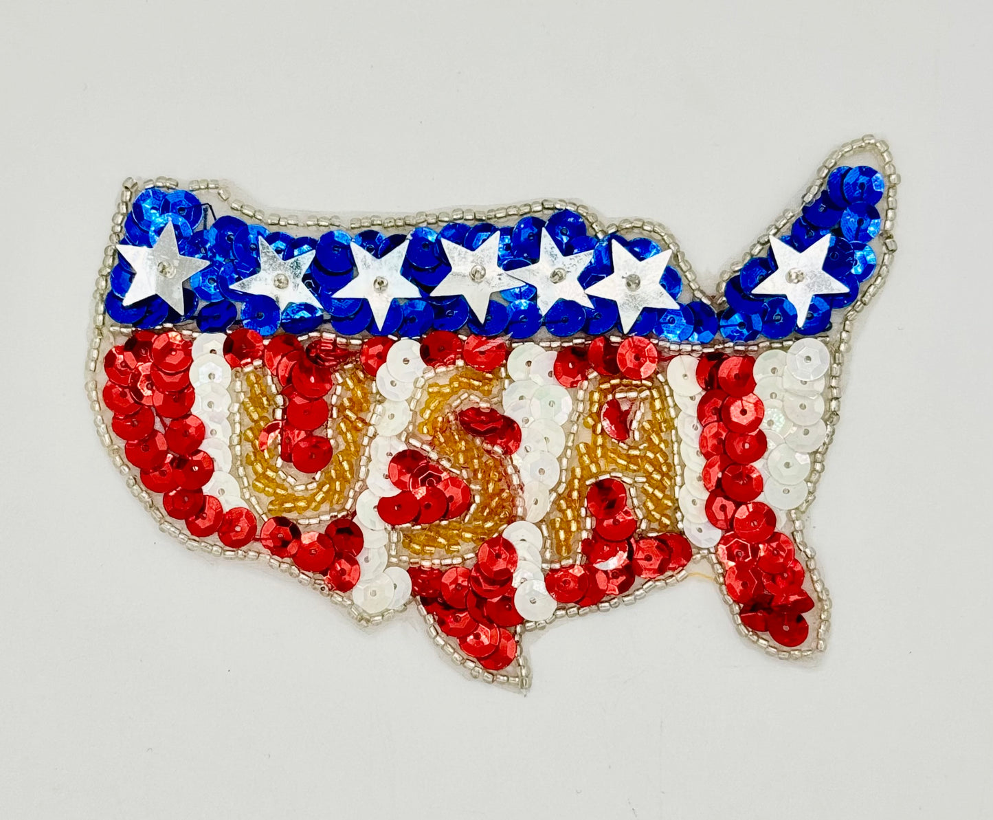 America Flag Appliqué in Shape of USA Map with Red, Iridescent White and Blue Sequins and Gold and Silver Beads 5" x 3.25"