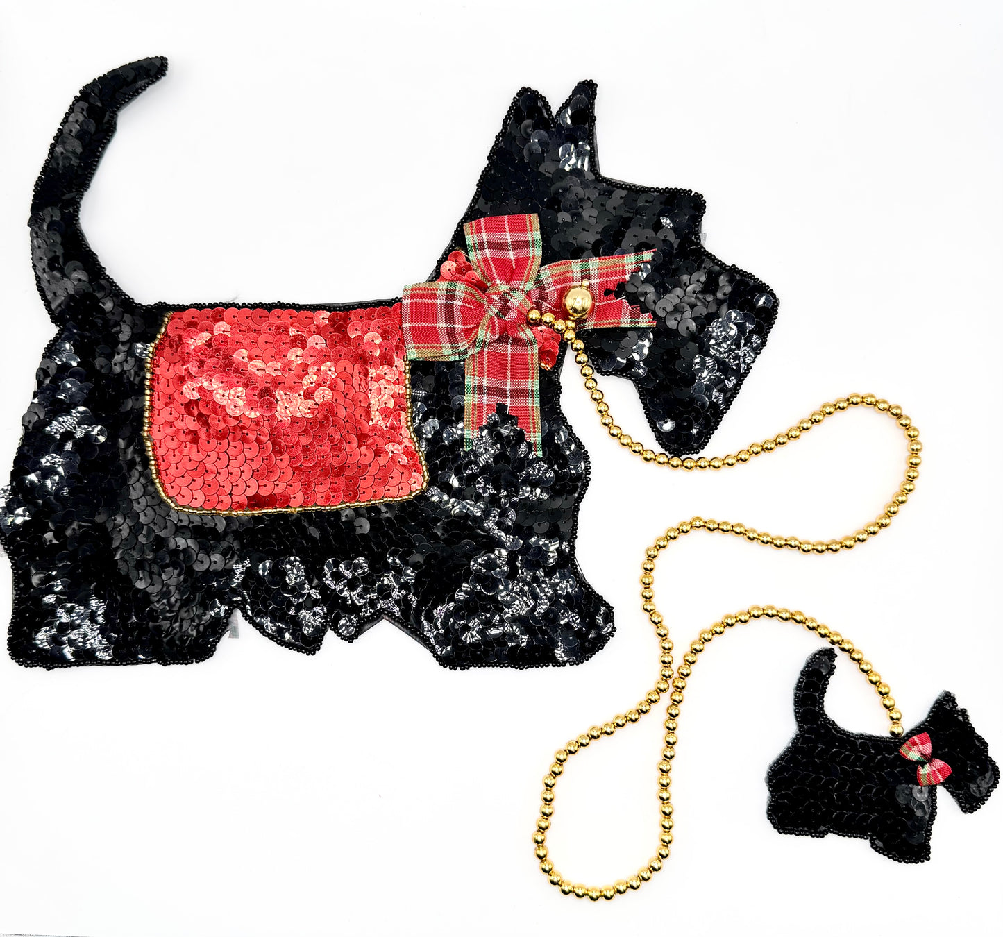 Scottie Dog with Puppy Appliqué - Black Sequins and Beads - Ribbon Bow and Beaded Leash 10.5" x 8"