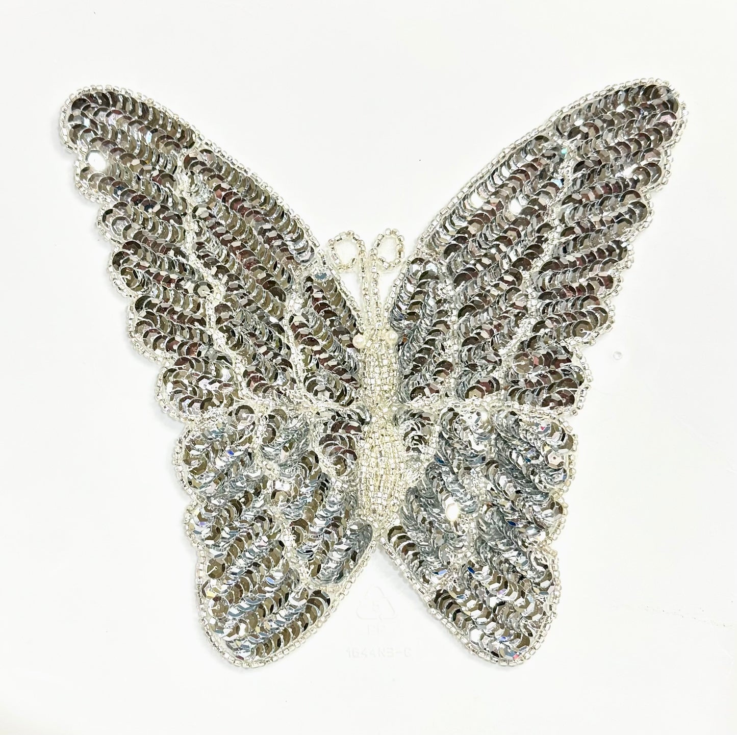 Butterfly Appliqué with Silver Sequins and Beads with Pearl Eyes 7.25" x 7"