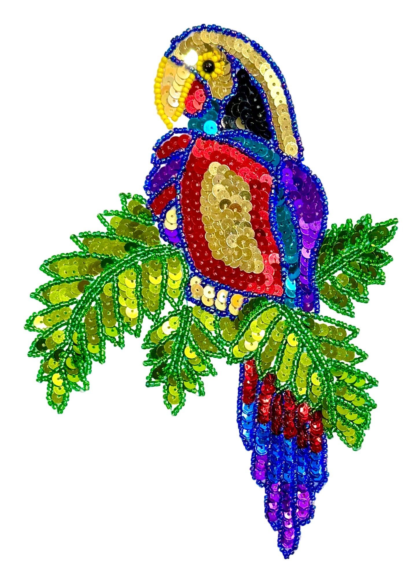 Loro en ramas y hojas de lentejuelas verdes 7.5" x 5.25"