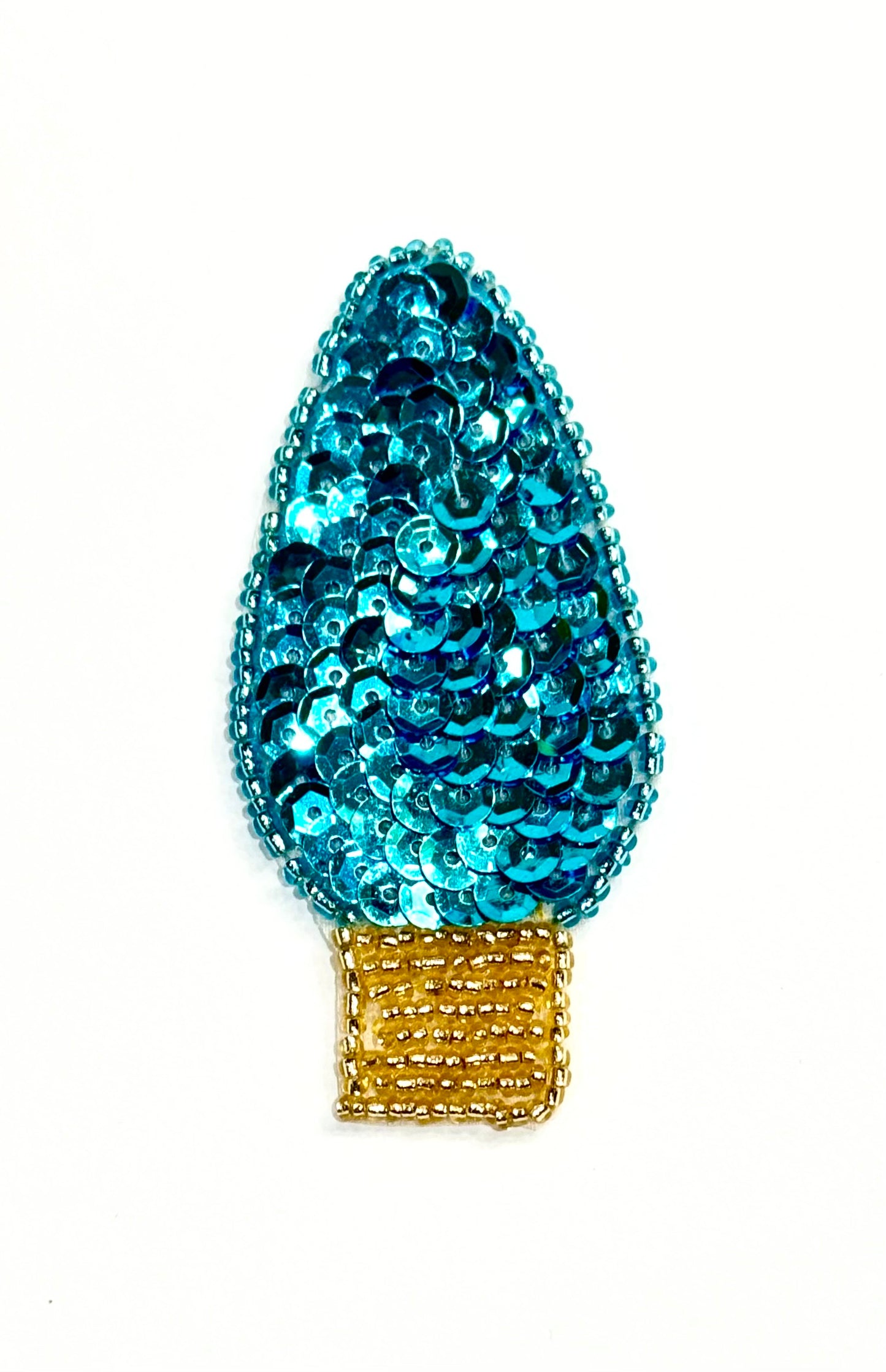 Christmas Light Bulb Appliqué with Turquoise Sequins and Gold and Turquoise Beads 3" x 1.25"