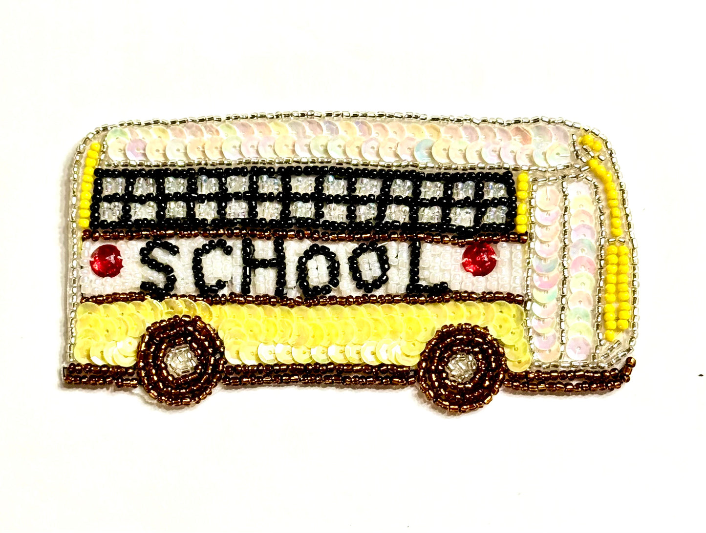 School Bus with Yellow and White Iridescent Sequins, Bronze, Yellow, Silver, Black and Clear Iridescent Beads and Red Rhinestones 5" x 2.5"