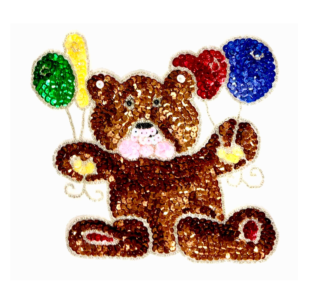 Sequined teddy bear with balloons on a white background