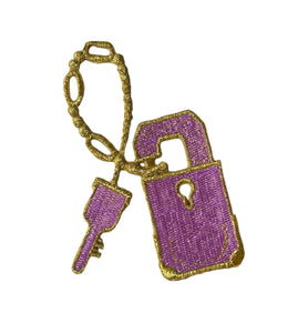 Lock and Key with Metallic Gold and Pink Embroidered Iron-On 4" x 2.5"