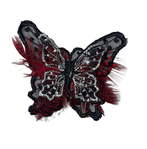 Butterfly Embroidered Black and Red Feathers 2" x 2.5"