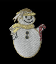 Load image into Gallery viewer, Snowman with Candy Cane Embroidered Iron On, 3.75&quot; x 3.75&quot;