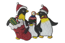 Load image into Gallery viewer, Penguins dressed for Christmas Embroidered Iron-On 3&quot; x 4&quot;