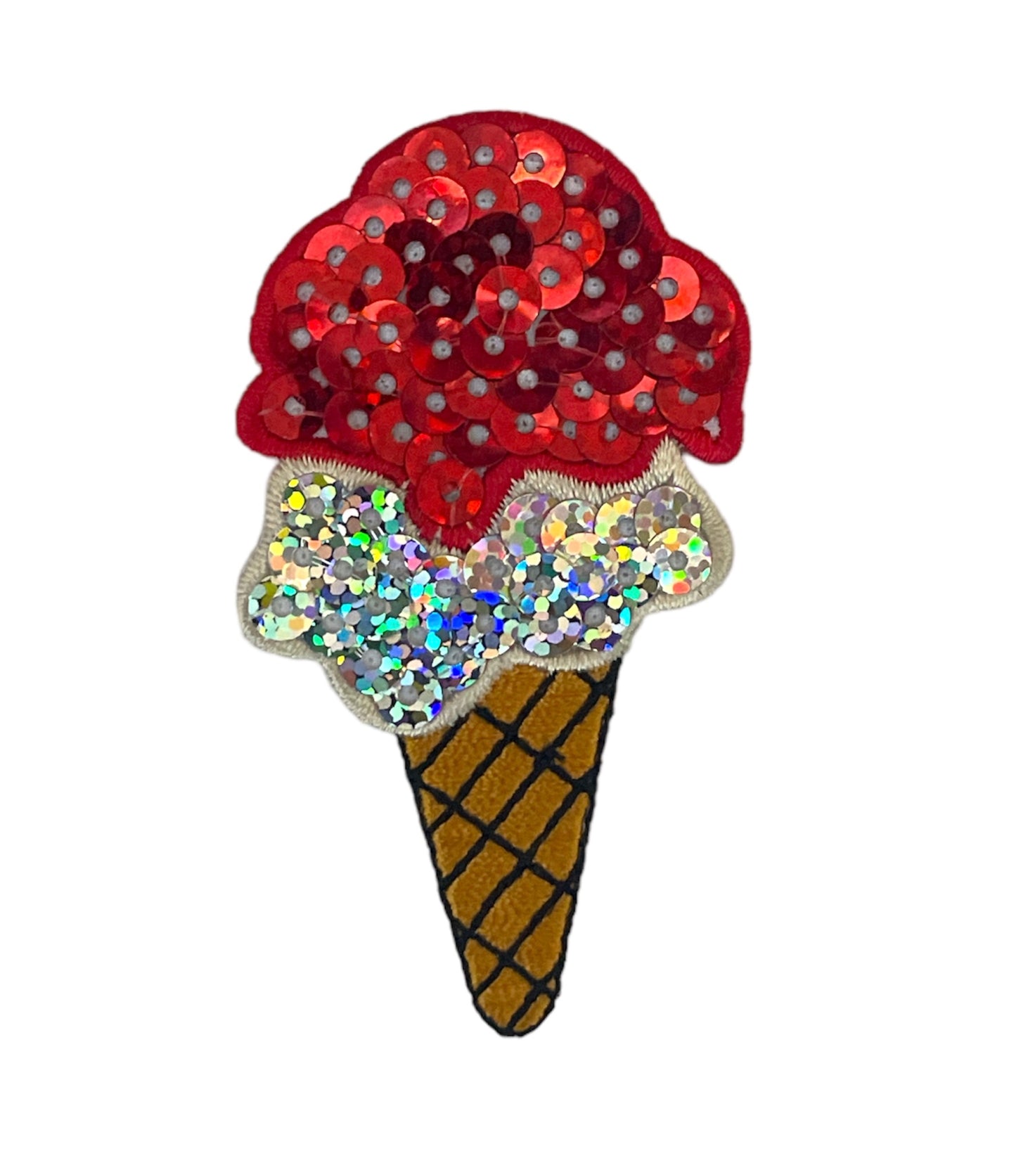 Ice Cream Cone Embroidered Iron-On with Red and Silver Sequins 2.75" x 1.5"