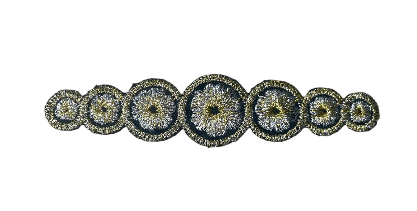 Designer Motif Black, Silver and Gold Metallic Circles, Embroidered Iron-On 4.5" x 1"