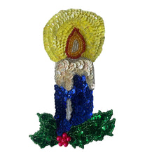 Load image into Gallery viewer, Candle with Holly Green Blue White Yellow Sequins 5.5&quot; x 3.5&quot;