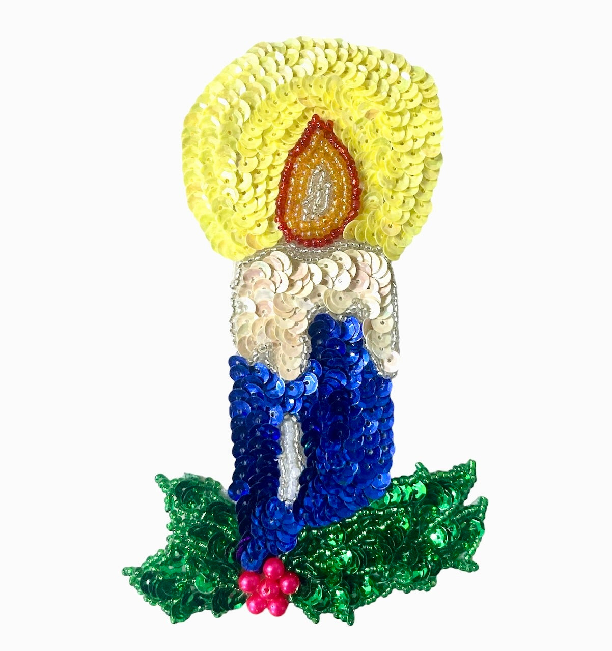 Sequin and Bead Christmas Candle with Holly 5.75" x 3.5"