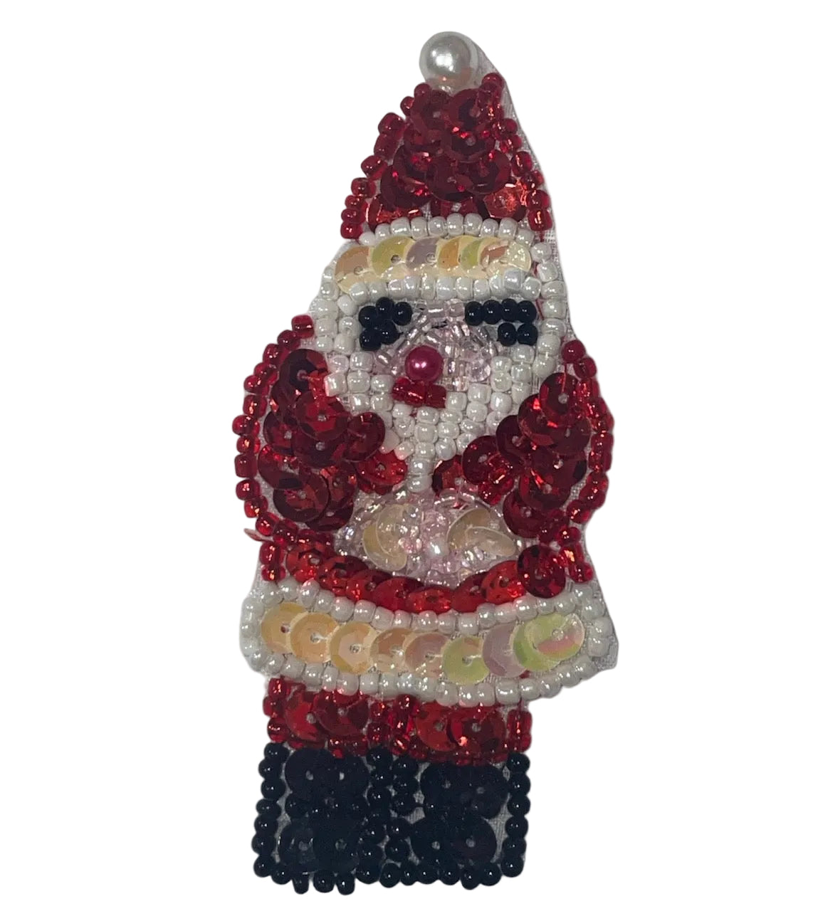 Papá Noel de lentejuelas y cuentas rojas, blancas y negras, 3.25" x 1.5"