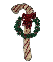 Load image into Gallery viewer, Candy Cane with Christmas Wreath, Sequin Beaded 6.5&quot; X 3.25&quot;