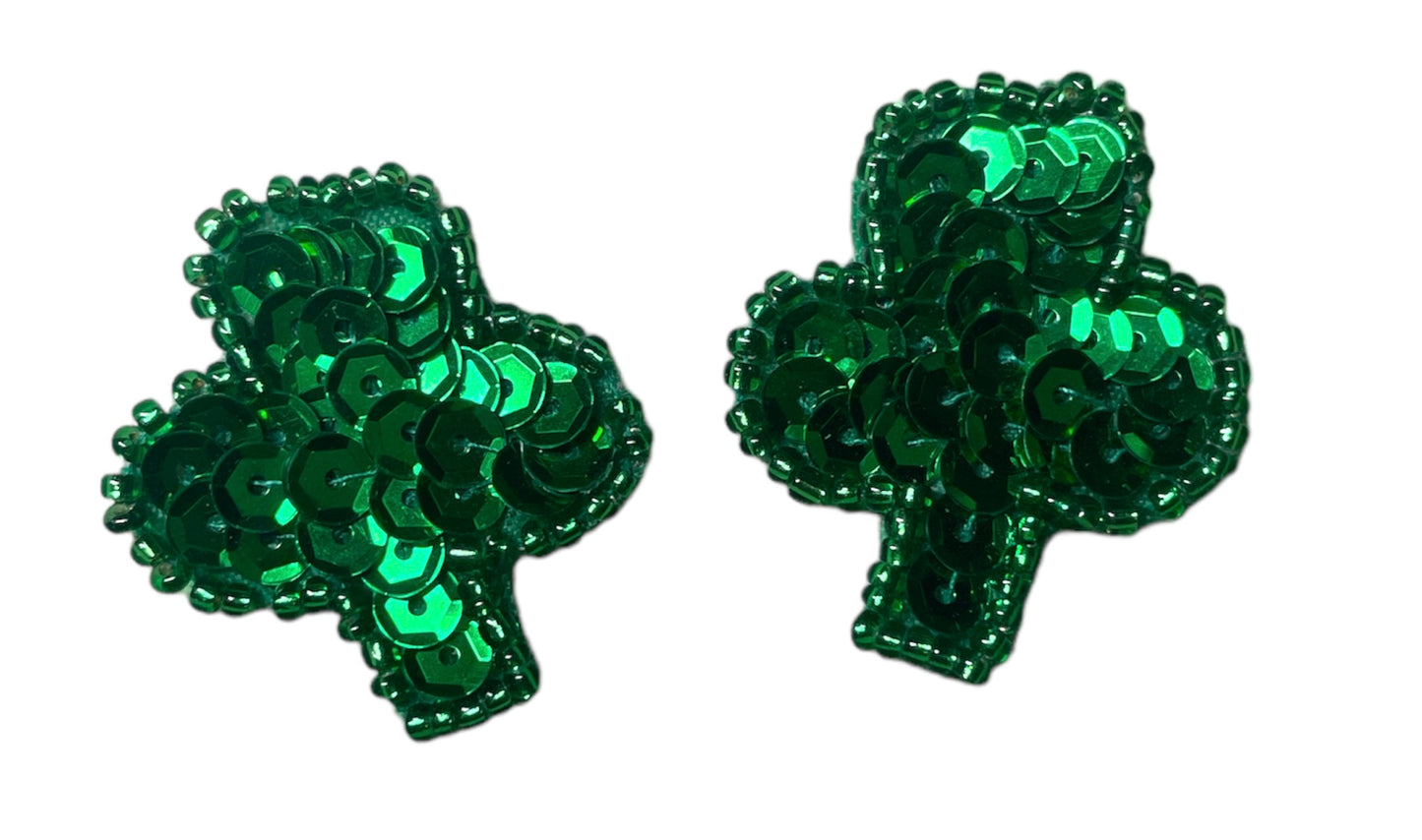 Three Leaf Clover Pair with Green Sequins and Beads 1.25" x 1.25"