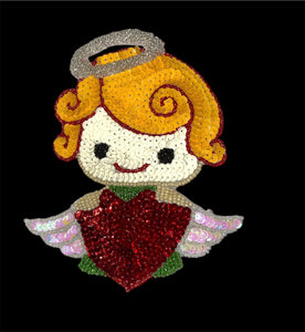 Christmas Angel Holding Red Heart, Sequin Beaded 6" x 5"