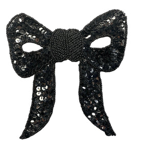 Bow Black Sequin with Beaded Center 4.5" x 4.5"