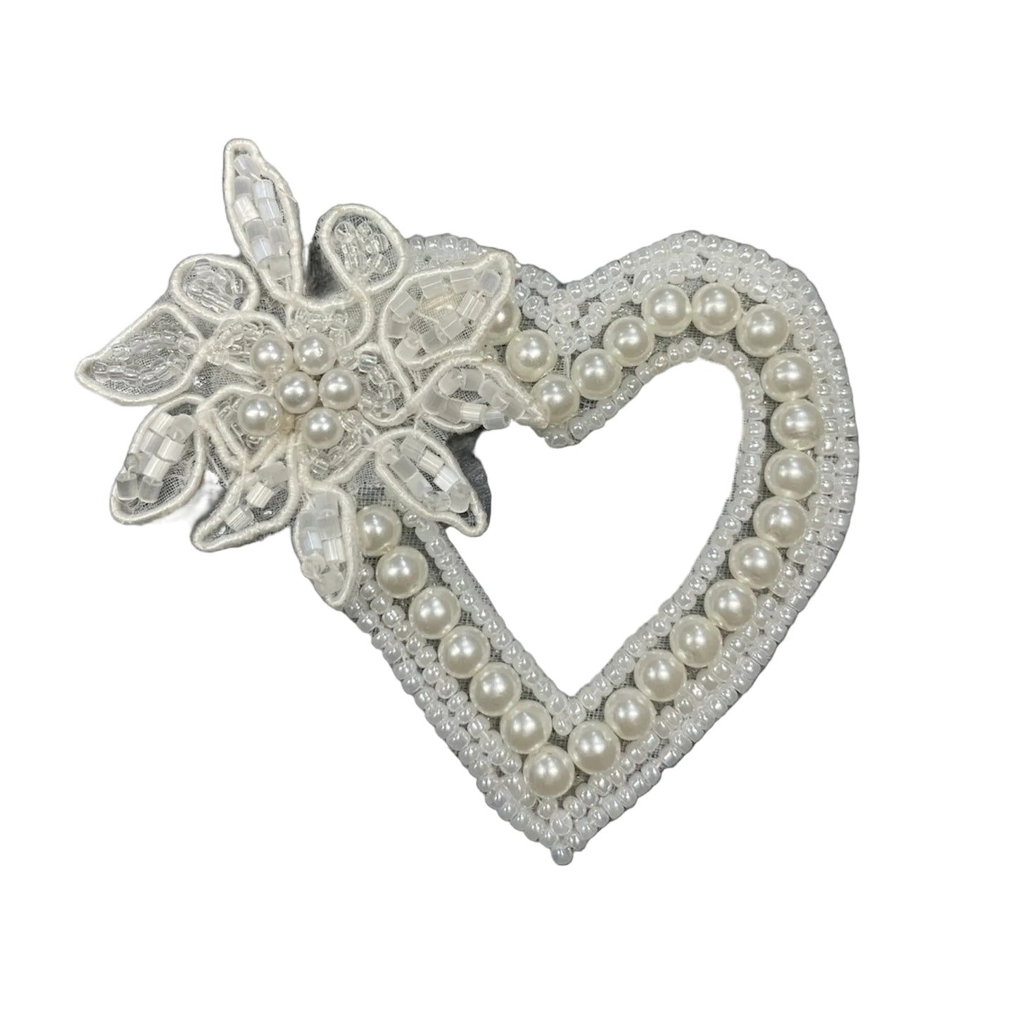Heart Appliqué - Pre-Glued - White Pearls/Beads - Flower 3" x 3.25"