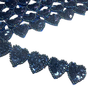 One Yard of Dark Navy Blue Hearts with Sequins and Beads (1" each)