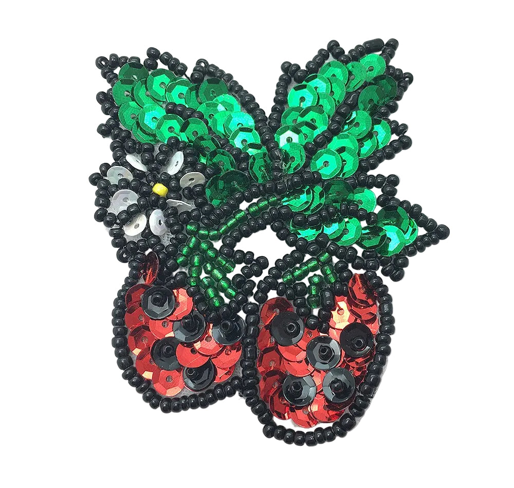 Strawberries with Leaf Appliqué - Multicolored Sequins - Glass Beads 2.75" x 2.5"