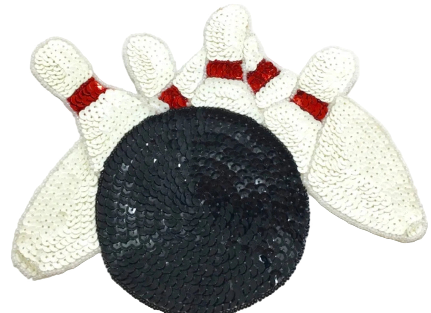 Bowling Ball and Pins - Black/White/Red Sequins - Glass Beads 6.25" x 5"