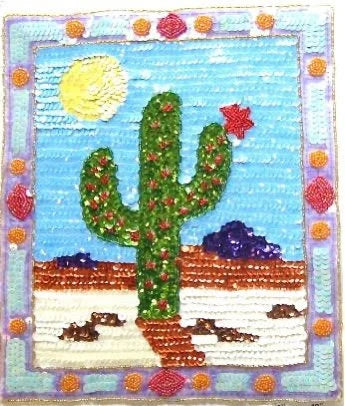 Parche de cactus grande con sol y lentejuelas y cuentas coloridas 11.5" x 9.5"