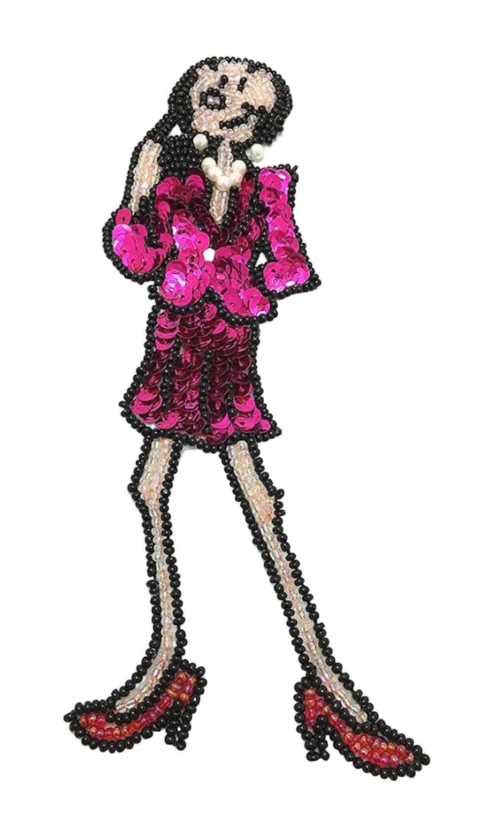 Cartoon Lady with Fuchsia Black and Iridescent Sequins and Beads 7" x 2.5"
