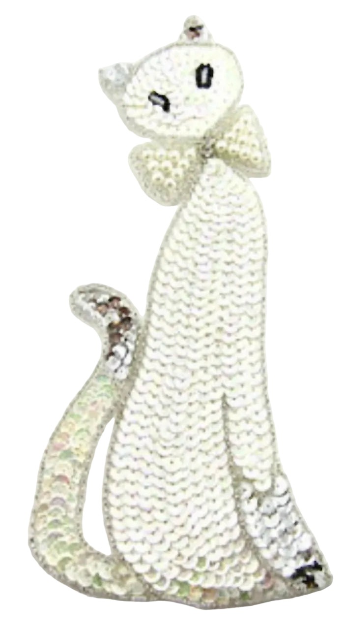 Cat Applique with Off White, Silver Sequins and Beads, Pearl Bowtie with Rhinestone 8.5" x 4.25”