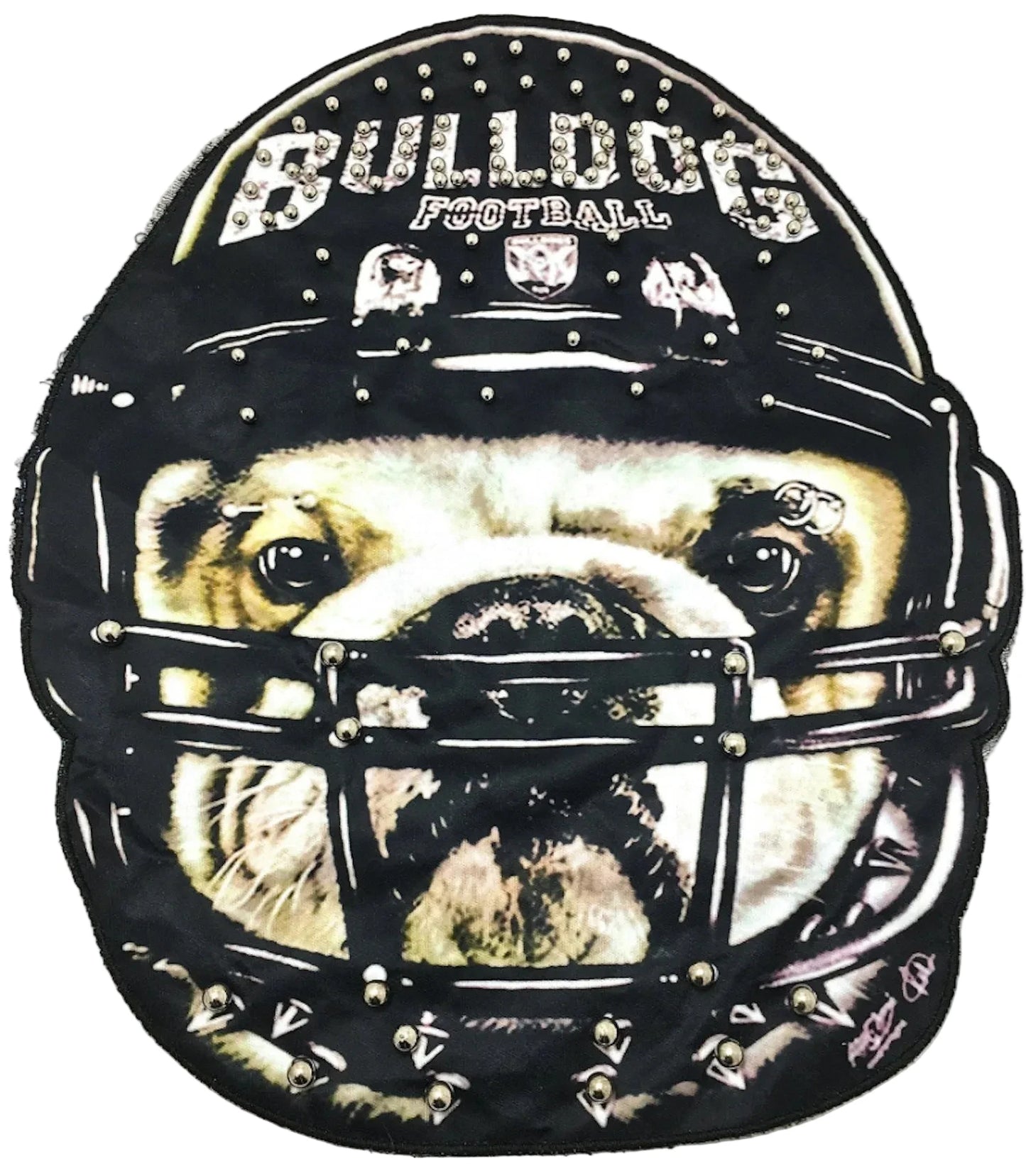 Bulldog wearing a football helmet with 'Bulldog Football' text on a white background