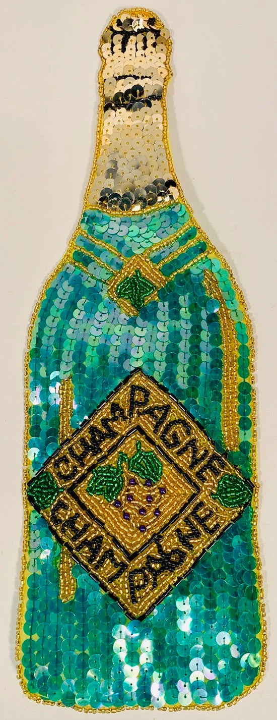 Aplique de botella de champán con lentejuelas iridiscentes verdes y doradas y cuentas doradas, negras, verdes y moradas de 28 cm x 13 cm