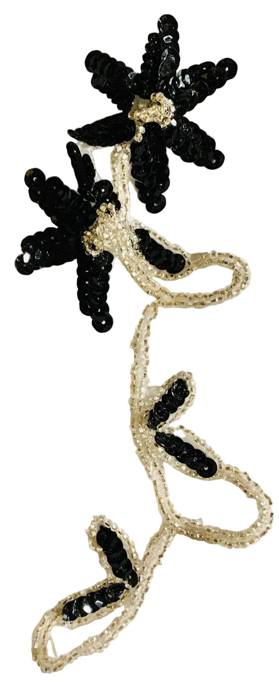 Choice of Flower Pairs or Single with Black Sequins Silver Beads 8" x 2.5"