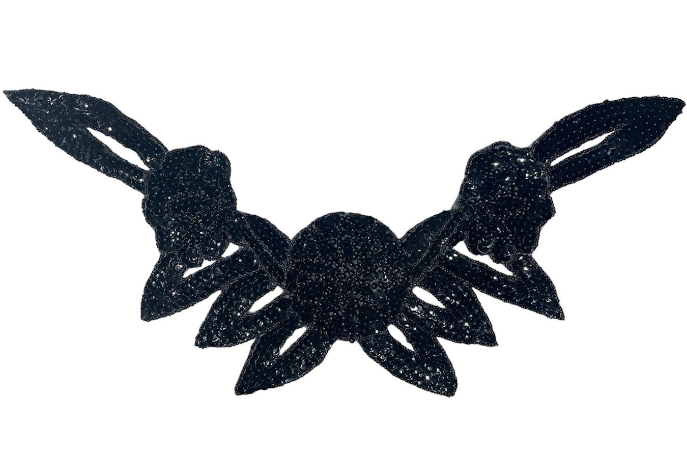 Designer Motif Flower Neckpiece - Black Sequins - Black Beads 16" x 7.5"