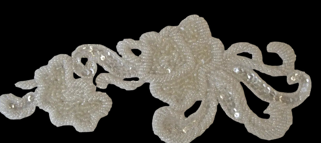 Flower, White iridescent sequins and beads 9" x 4"