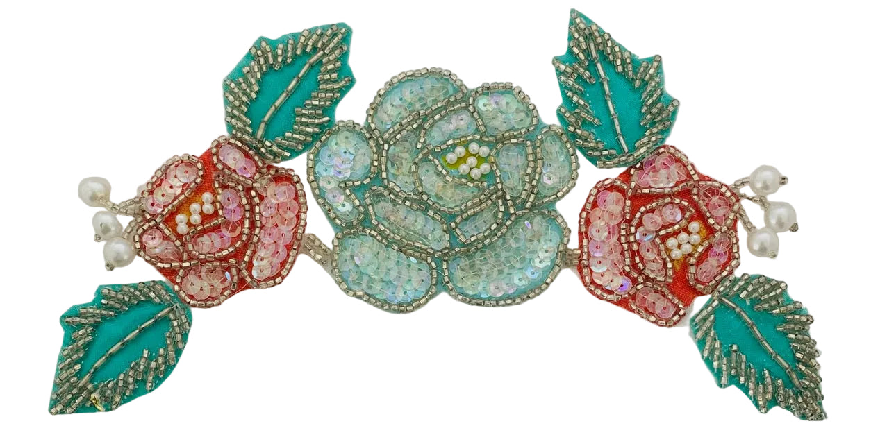 Flor con lentejuelas rosas iridiscentes y tela turquesa claro y oscuro y coral de 7.6 x 20.3 cm