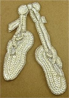Ballet Slippers White with silver Beads 3" x 7" - Sequinappliques.com