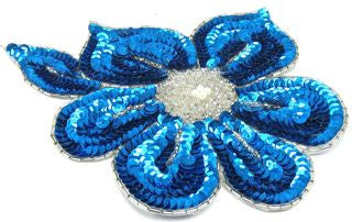 Beautiful Flower Appliqué with Turquoise Sequins and Silver Beads and a Pearl Center 7" x 6"