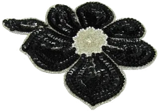 Flor decorativa con lentejuelas negras y cuentas plateadas con centro de perlas de 17.78 cm x 13.97 cm