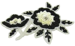 Flower with Black and White Sequins and Beads with Rhinestones 5" x 4"