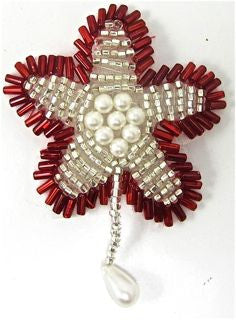 Flor para hombrera cuentas rojas/plateadas - Perlas 2.5" x 2"