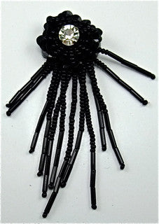 Epaulet Black Beaded Flower - Rhinestone Center 3.5" x 1"