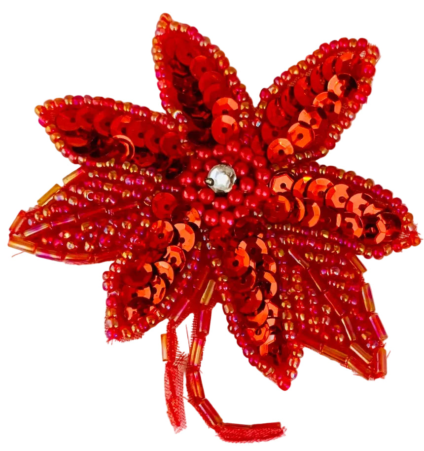 Flor con lentejuelas y cuentas rojas y diamantes de imitación 3" x 2.75"