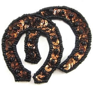 Double Horseshoe with Bronze Sequins and Black Beads 2.75" x 2.5"